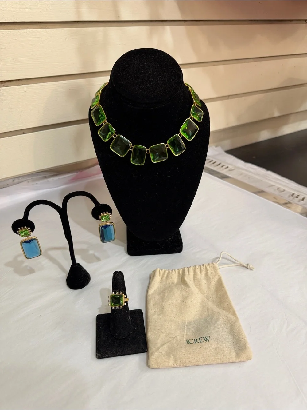 J. Crew Green Glass Square-Link Statement Necklace, earrings and ring (size 6).